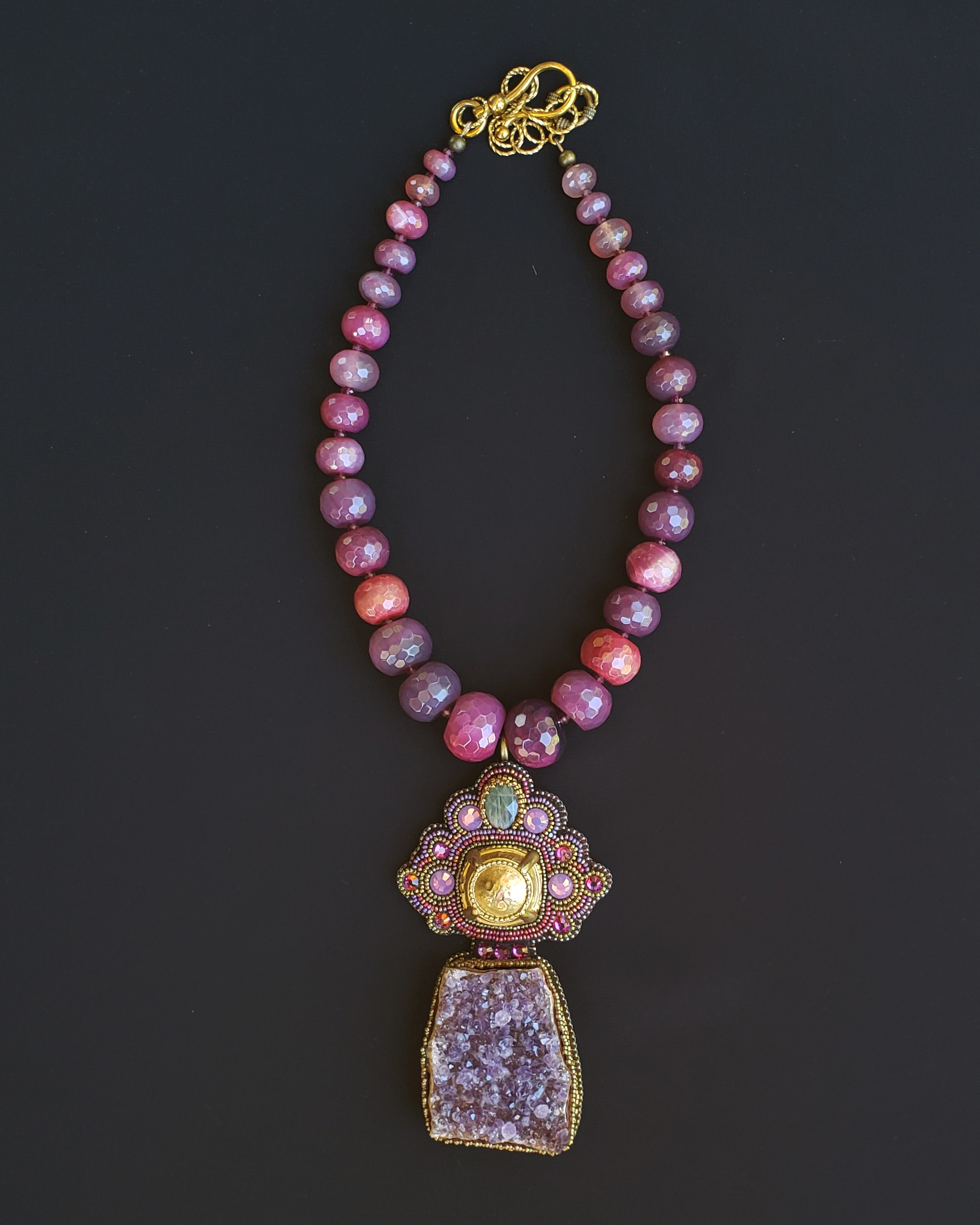 Pink Agate Beads & Amethyst Geode Slice Necklace