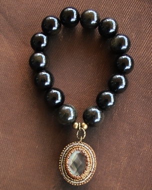 Golden Obsidian & Mother Of Pearl Charm Stretch Bracelet