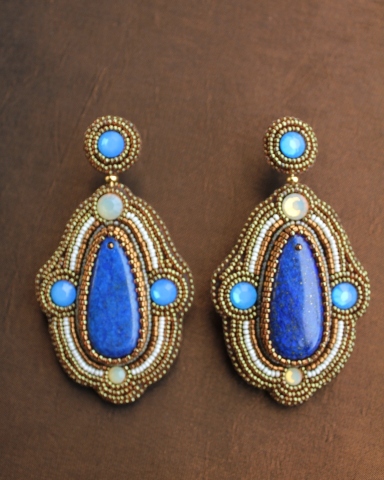Huge Lapis, Blue & White Opal Crystal Earrings