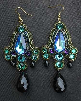 Bermuda Blue, Emerald Crystal Teardrop & Black Onyx Earrings