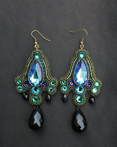 Bermuda Blue, Emerald Crystal Teardrop & Black Onyx Earrings