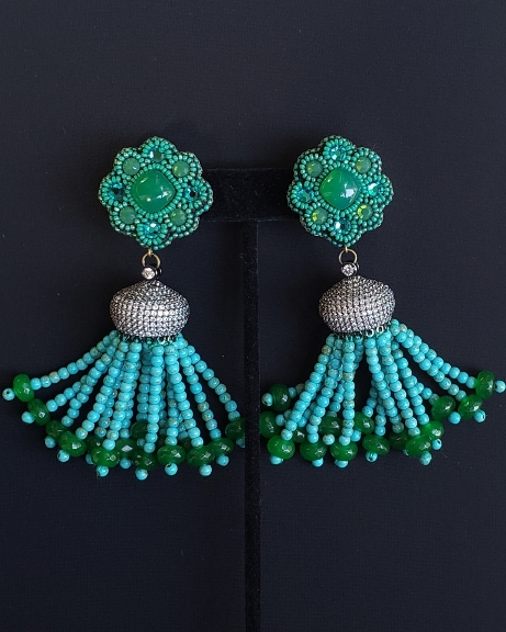 Green Onyx & Turquoise Color Beads Tassel Earrings