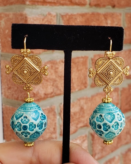 Etruscan Style Turquoise Ceramic Earrings