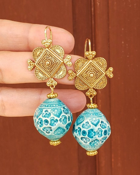Etruscan Style Turquoise Ceramic Earrings