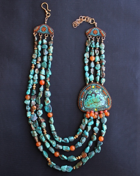 African Turquoise and Orange Agate Necklace