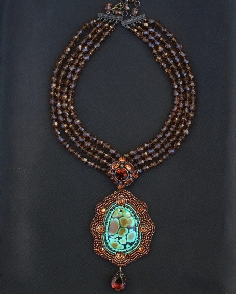 Turquoise Cabochon & Brown Crystals Necklace