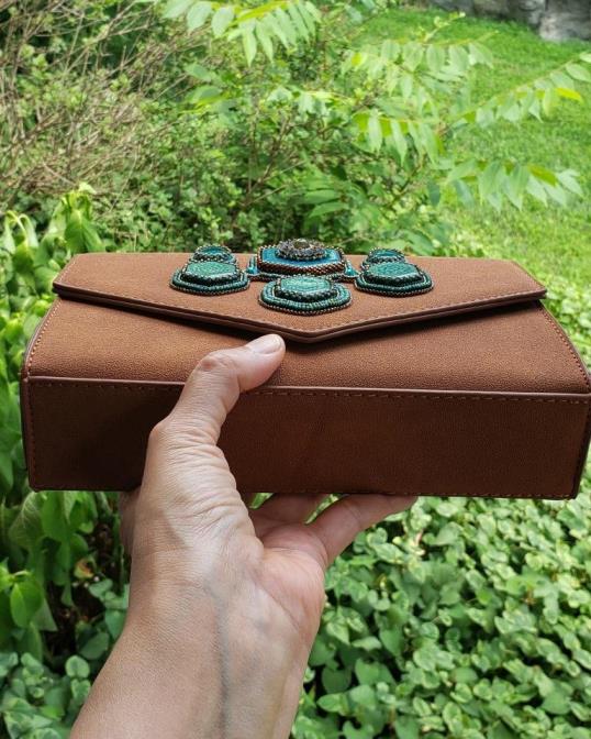 Ceramic Handpainted Turquoise Cabochons Embroidered Handbag