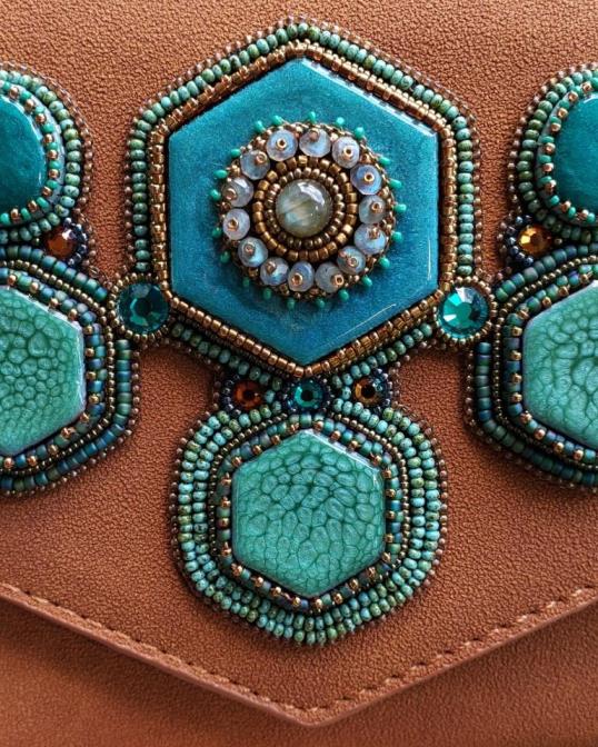 Ceramic Handpainted Turquoise Cabochons Embroidered Handbag
