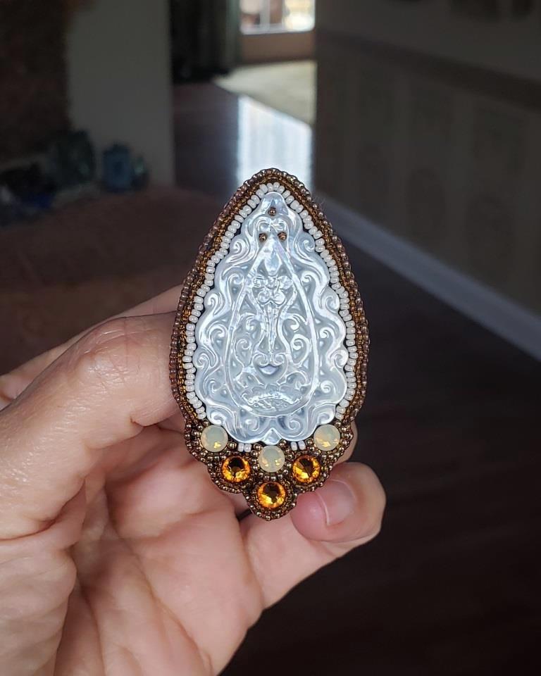 Carved White MOP w/Swarovski Golden and Cream Opal Crystals Pin