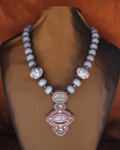 Grey Agate, Black Mother of Pearl & Ceramic Bead Necklace 2