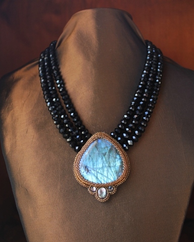 Labradorite & 3 Strand Faceted Black Crystal Necklace 1