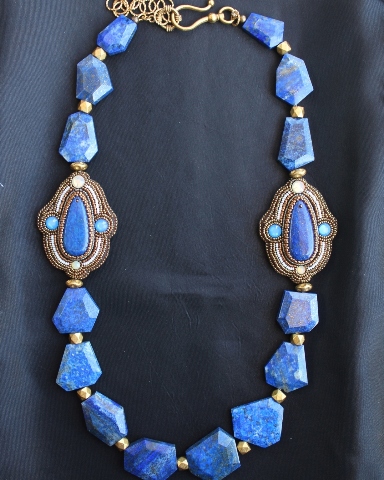 Genuine Lapis, Blue & White Opal Crystals Necklace