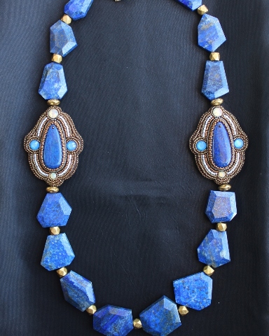 Genuine Lapis, Blue & White Opal Crystals Necklace