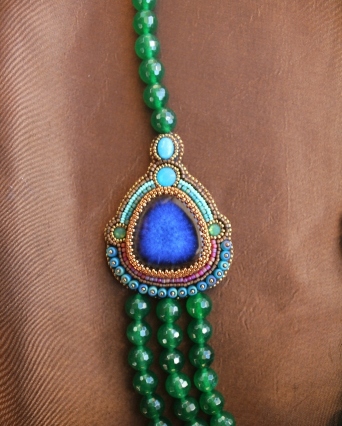 Green Agate & Ceramic Lapis 3 Strand Necklace 2