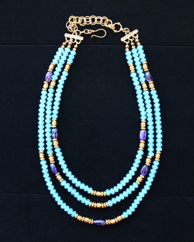 Ocean Blue Crystals, Amethyst & Golden Beads 3 Strand Necklace