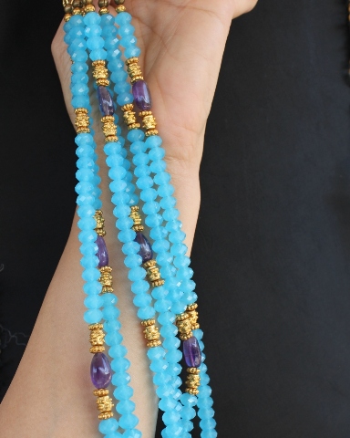 Ocean Blue Crystals, Amethyst & Golden Beads 3 Strand Necklace