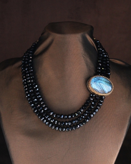 Choker Style Labradorite 3 Strand Black Crystal Necklace