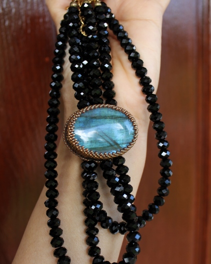 Choker Style Labradorite 3 Strand Black Crystal Necklace