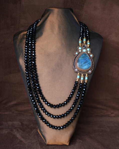 Labradorite Side Panel & Black Crystal Necklace
