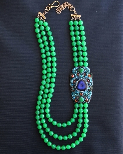 Green Agate & Ceramic Lapis Side Panel Necklace