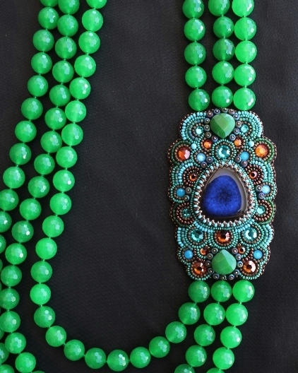 Green Agate & Ceramic Lapis Side Panel Necklace