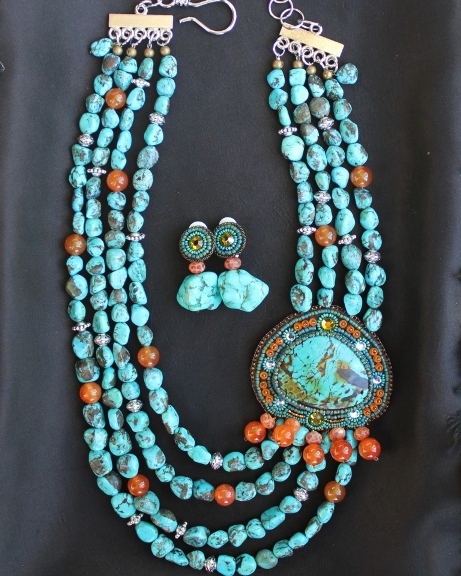 Freeform Turquoise Nugget & Fire Agate Necklace w/ Earrings