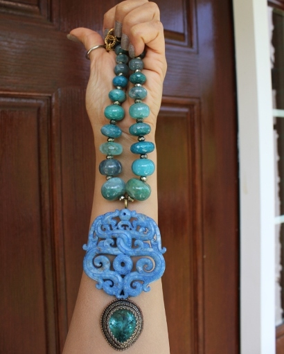 Carved Denim Color Jade, Aqua Quartz & Agate Rondelle Necklace