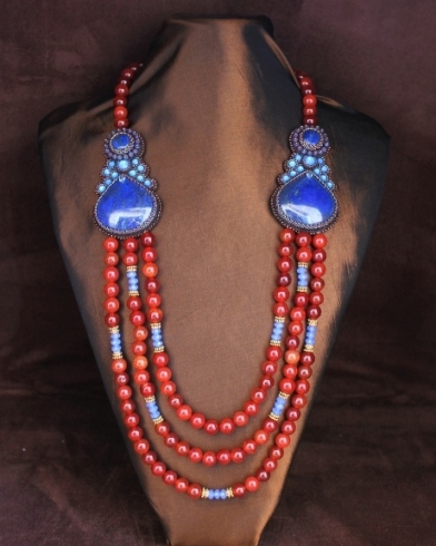 Fire Agate, Lapis & Violet Crystal Beads Necklace