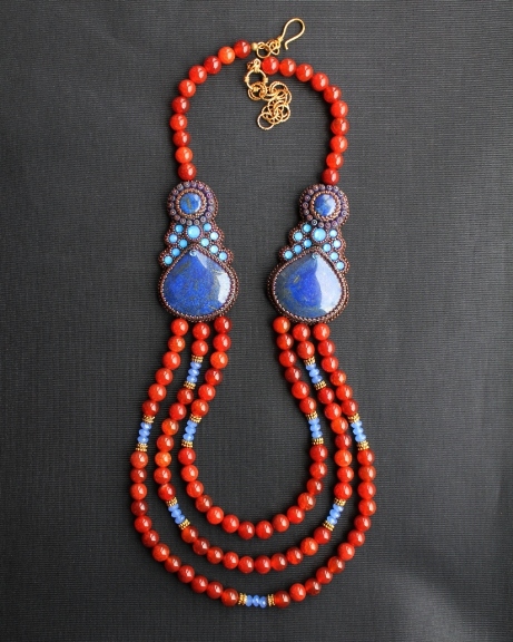 Fire Agate, Lapis & Violet Crystal Beads Necklace