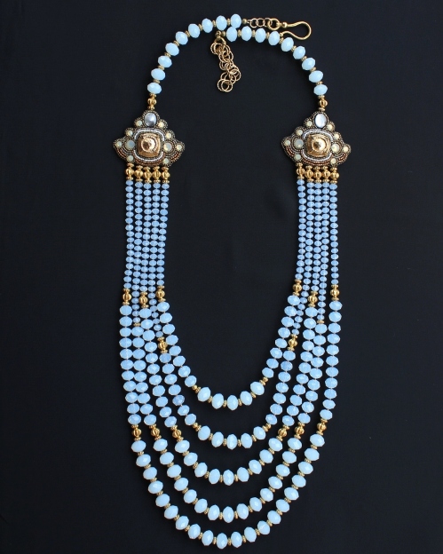 White Opal Glass Crystal Beads 5 Strand Necklace