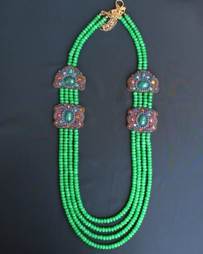 4 Strand Green Agate Double Panel Necklace