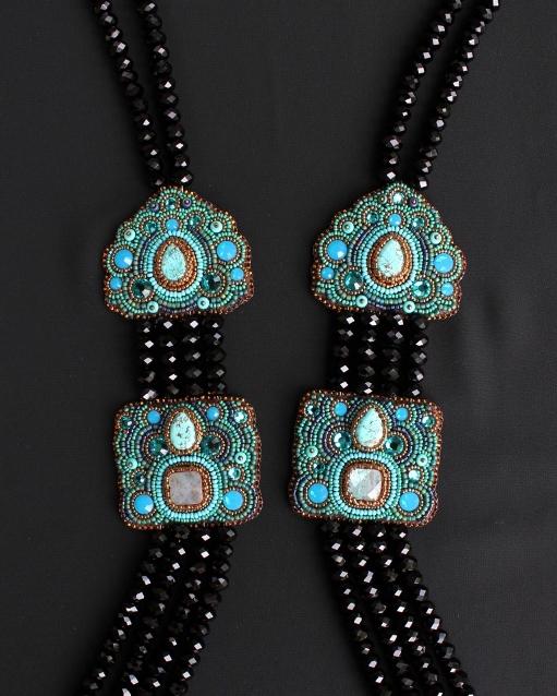 4 Strand Black Beads w/Labradorite & Turquoise Panels
