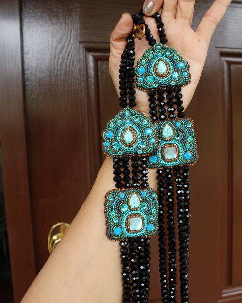 4 Strand Black Beads w/Labradorite & Turquoise Panels