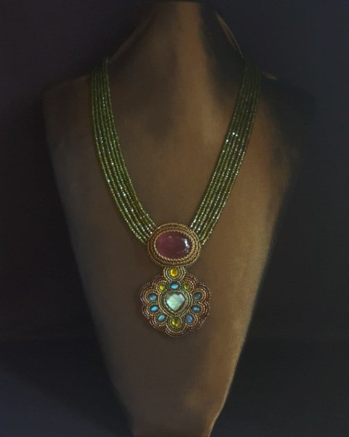 Green Cubic Zirconia Beads, Pink Quartz & Labradorite Necklace