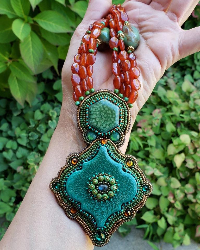 Ceramic Handpainted Tiles, Turquoise Nuggets & Carnelian Necklac