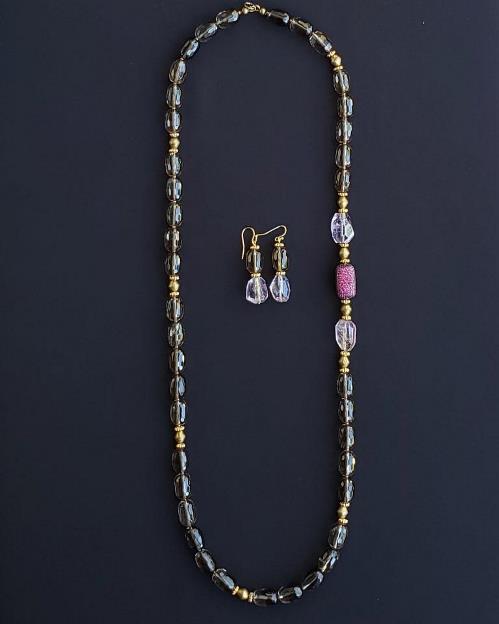 Smoky Quartz, CZ Fuchsia & Pink Amethyst Necklace & Earring Set