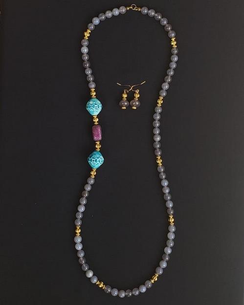 Grey Agate, CZ Fuchsia Necklace & Earrings Set