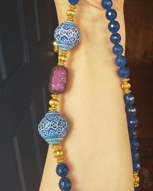 Deep Blue Agate, CZ Fuchsia Necklace & Earrings Set