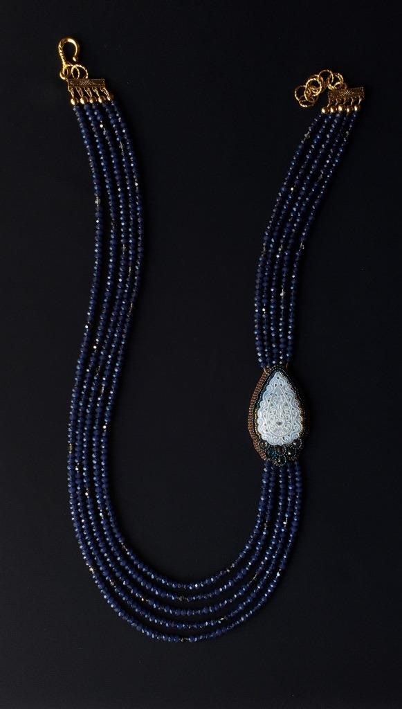 Carved White MOP Necklace w/ 5 strands of Montana Blue Glass Bea